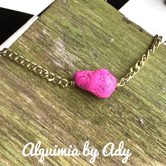 Alquimia Jewelry - Cuban gold chain big pink turquoise pendant maxi chunky necklace